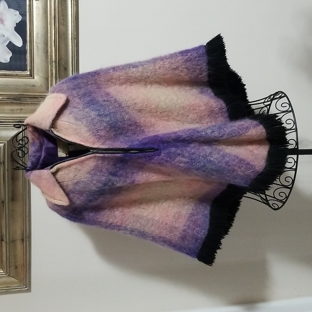 Hudson's Bay 1970's Vintage Pink-Purple Plaid Women's Coat Heavy Mohair Fur Cape